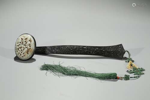 An openwork jade inlaid zitan ruyi scepter