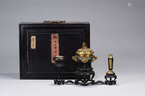 A parcel-gilt bronze incense burner set