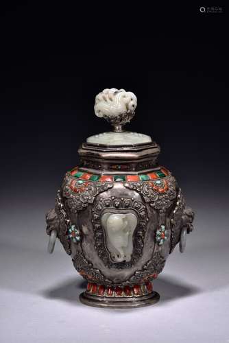 A silver white jade and coral inlaid vase