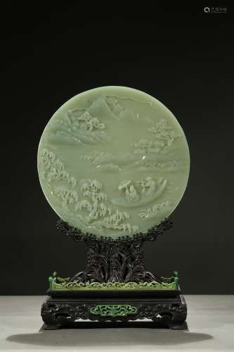 A celadon jade circular table screen