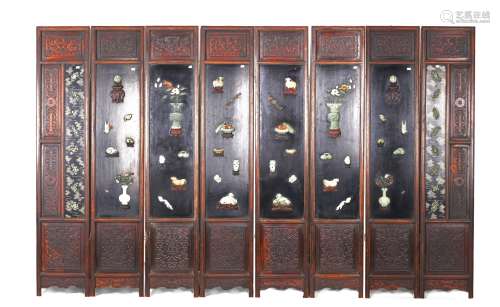 A Chinese eightfold jade inlaid 'landscape' lacquer screen