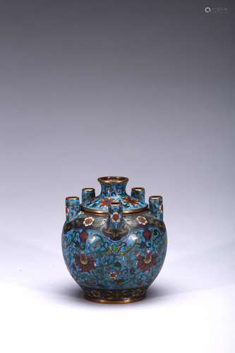 A cloisonne enamel 'lotus' six-neck vase