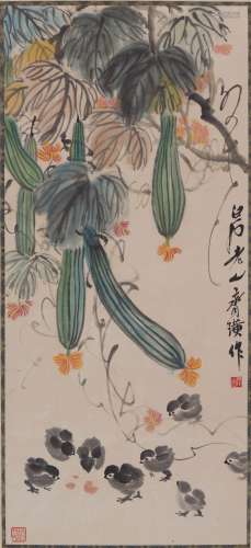 Qi Baishi: color and ink on paper 'luffa and chicken' painting