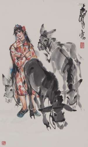 Huang Zhou: color and ink on paper 'lady and donkey' painting