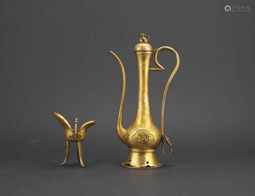 A set of gilt bronze 'plum blossom' ewer and wine cup