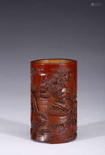 A carved bamboo 'Red Cliff' brushpot
