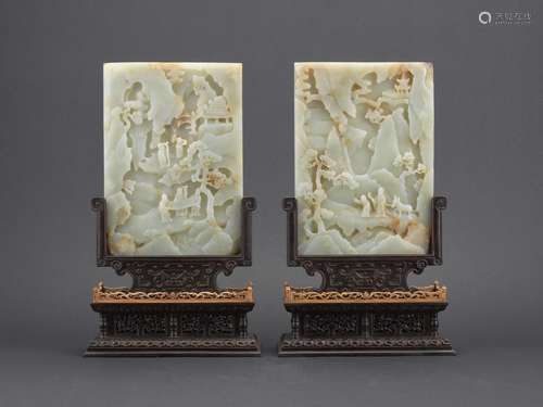 A pair of white jade 'landscape' rectangular table screens