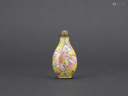A Beijing enamel yellow ground 'sash tied' snuff bottle
