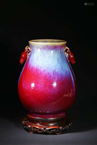 A large flambe glazed deer-head handle vase