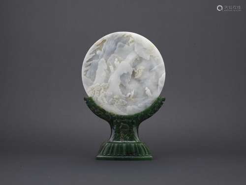 A white and grey jade carved landscape circular table screen