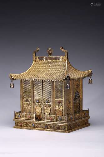 A gilt filigree and gems inlaid palace-form buddhist shrine