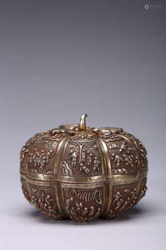 A silver repousse 'hundred boys' melon-shaped box and cover