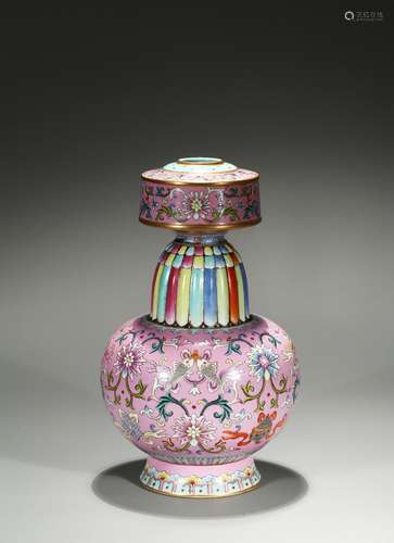 A famille rose pink ground tibetan-style altar vase