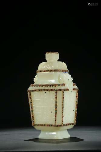 A white jade gilt and gems inlaid vase