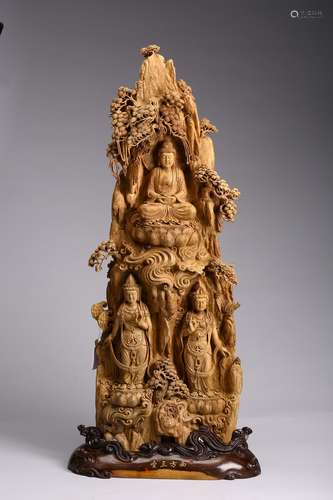 A very large agarwood carving of three bodhisattva