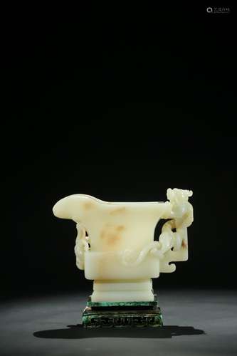 A Chinese white jade 'chilong' libation cup with stand