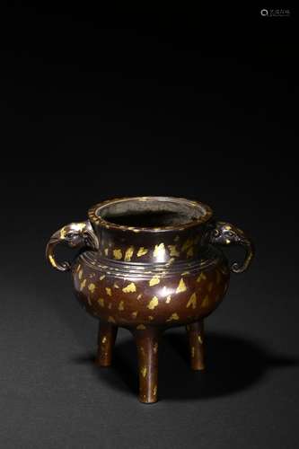 A gilt-splashed bronze tripod censer