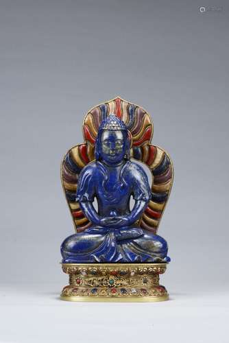 A lapis lazuli carved Amitayus with gem-inlaid stand