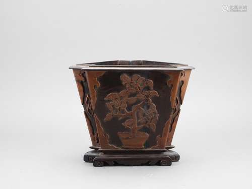 A hardwood and huangyangmu inlaid brushpot