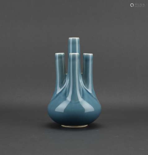 A blue glazed five neck vase