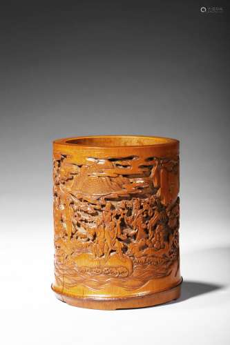 A carved bamboo 'eight immortals' brushpot