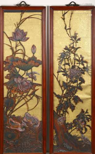 A pair of hardwood inlaid 'lotus and chrysanthemum' panels