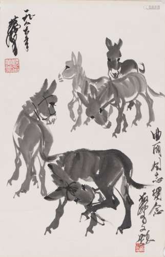 Huang Zhou: ink on paper 'donkey' painting