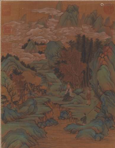 Anonymous: color and ink on silk 'figure in landscape' painting