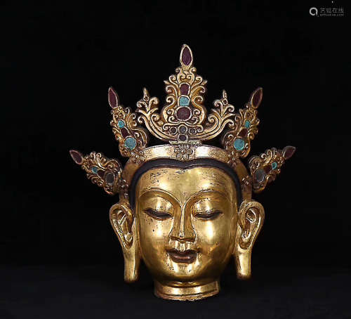 A TIBETAN GILT BUDDHIST HEAD STATUES ,MING DYNASTY