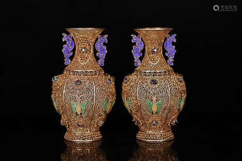 A PAIR OF GILT SILVER FILIGREE VASE LATE QING DYNASTY