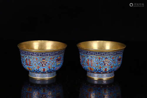 A PAIR OF COPPER PADDING THREAD WEAVING CLOISONNE EIGHT TREASURE BOWLS, QING DYNASTY