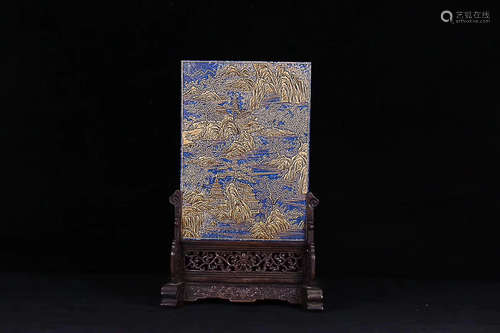 AN OLD LAPIS LAZULI LANDSCAPE TABLE PLAQUE ,QING QIANLONG DYNASTY