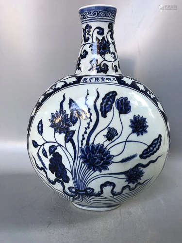 A BLUE GLAZE WHITE SPACE LOTUS AND MOON DESIGN VASE