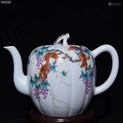 A FAMILLE ROSE MELON-SHAPED TEAPOT