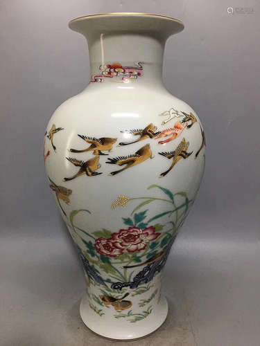 A FAMILLE ROSE FLORAL & BIRD PATTERN MEI VASE