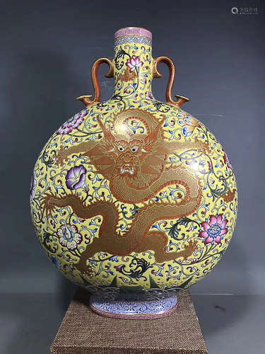 A FAMILLE ROSE GILDED DRAGON PATTERN BAO YUE VASE