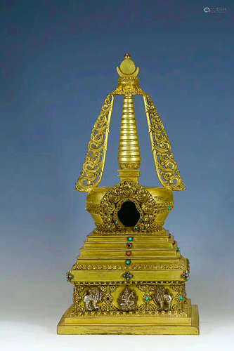 17-19TH CENTURY, A GILT BRONZE STUPA, QING DYNASTY