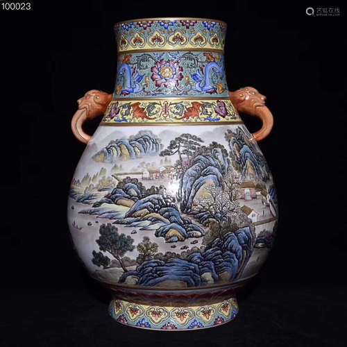 A DOUBLE-EAR FAMILLE ROSE LANDSCAPE PATTERN VESSEL