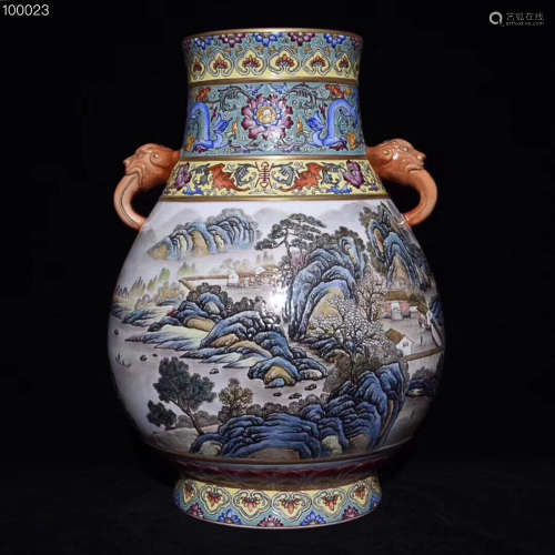 A DOUBLE-EAR FAMILLE ROSE LANDSCAPE PATTERN VESSEL