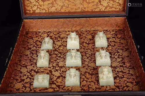 17-19TH CENTURY, A SET OF HETIAN JADE STAMPS, QING DYNASTY