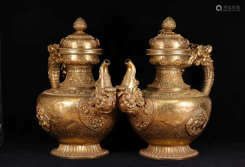 18TH CENTURY, A PAIR OF TIBETAN GILT BRONZE POTS