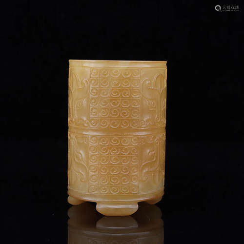 AN OLD HETIAN JADE BRUSH POT