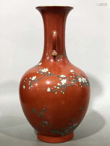 A CORAL RED GLAZE XI QUE DENG MEI PATTERN VASE