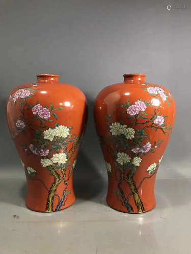 A PAIR OF CORAL RED GLAZE FLORAL PATTERN MEI VASES
