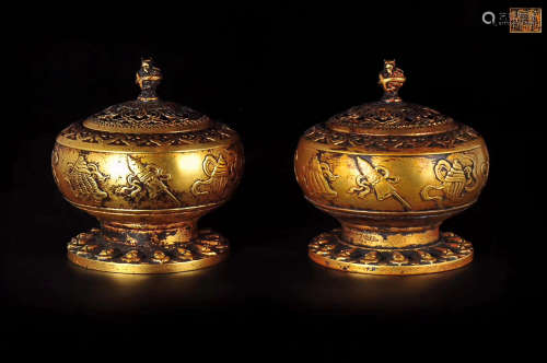 14-16TH CENTURY, A PAIR OF GILT BRONZE CENSERS, MING DYNASTY