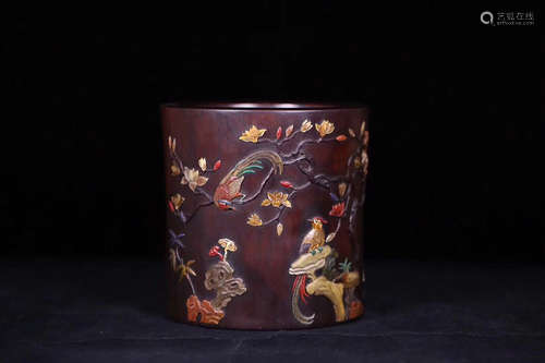 A ROSEWOOD BIRD DESIGN BRUSH POT