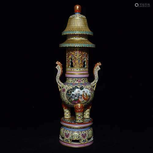 A FAMILLE ROSE GILT TOWER DESIGN CENSER