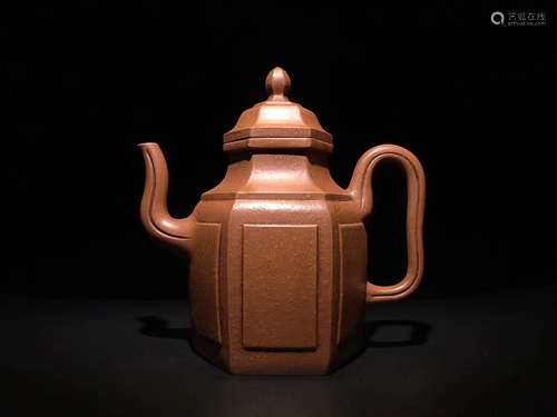 A HEXAGONAL PURPLE CLAY TEAPOT