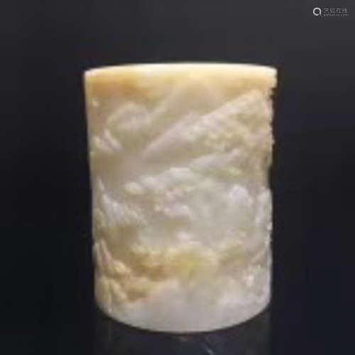 A HETIAN JADE CARVING FIGURE BRUSH POT