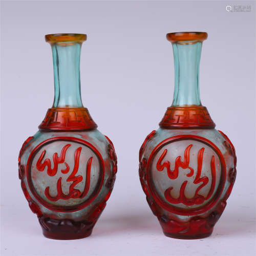 PAIR OF CHINESE DOUBLE COLOR PEKING GLASS VASES